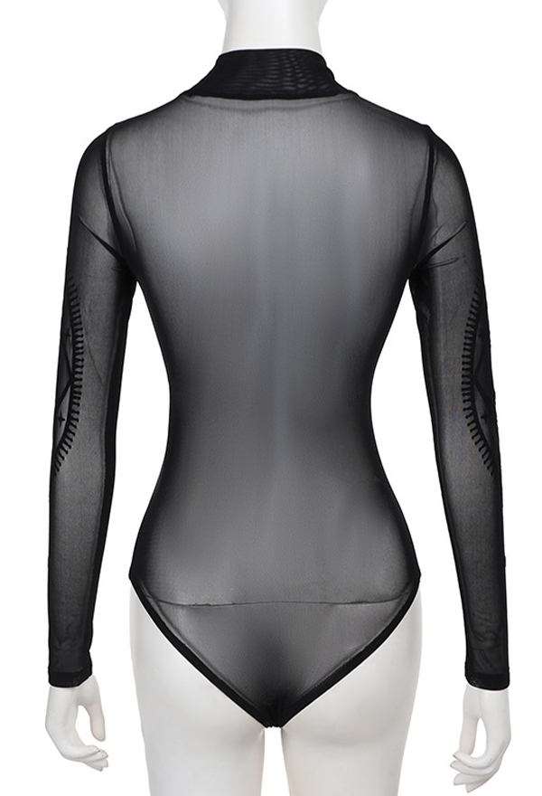 Gothic Style Black Bodysuit Transparent Moon Cross Pattern Mesh Bodysuit