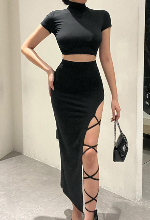 Gothic Style Black Two-Piece Short Sleeves Top Side Slit Crisscross Straps Skirt Set