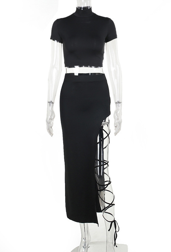 Gothic Style Black Two-Piece Short Sleeves Top Side Slit Crisscross Straps Skirt Set