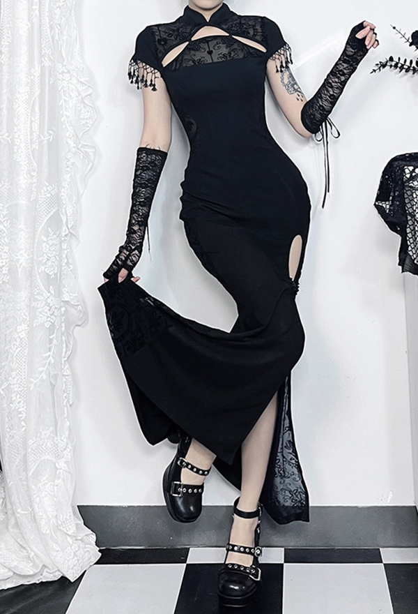 Gothic Black Cheongsam Dress Slim Fit Fishtail Long Slit Dress