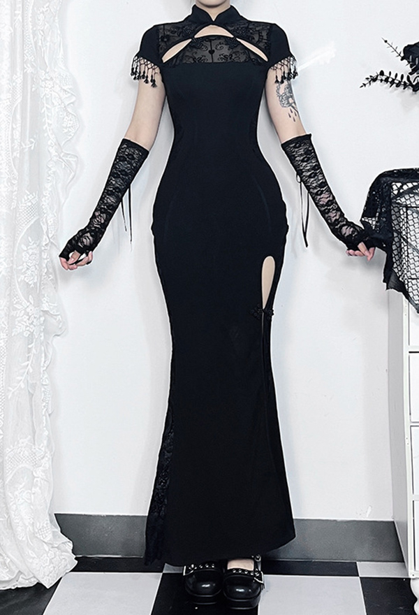 Gothic Black Cheongsam Dress Slim Fit Fishtail Long Slit Dress