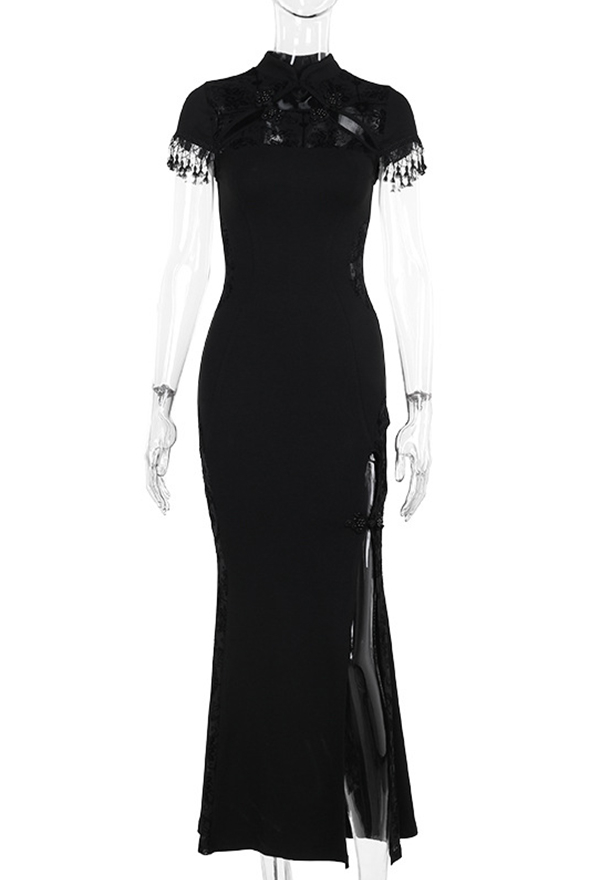 Gothic Black Cheongsam Dress Slim Fit Fishtail Long Slit Dress