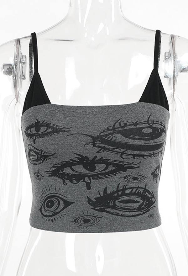 Gothic Style Black Gray Tank Top Demon Eye Print Cami Top