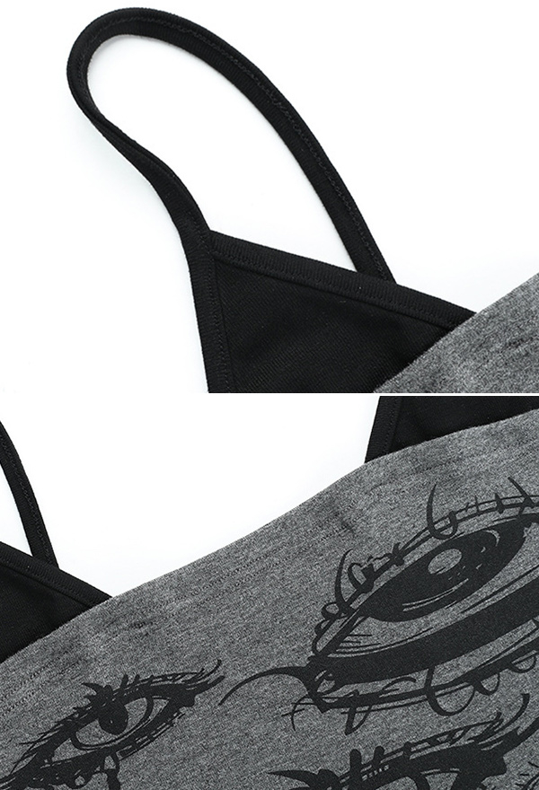 Gothic Style Black Gray Tank Top Demon Eye Print Cami Top