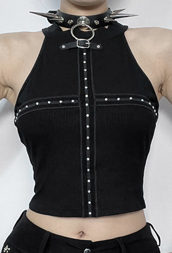 Gothic Style Halter Vest Top Black Basic Tank Top