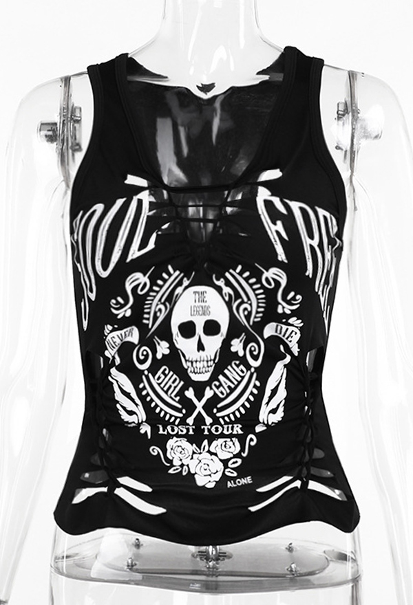 Gothic Style Black Top Dark Skull Pattern V-Neck Vest