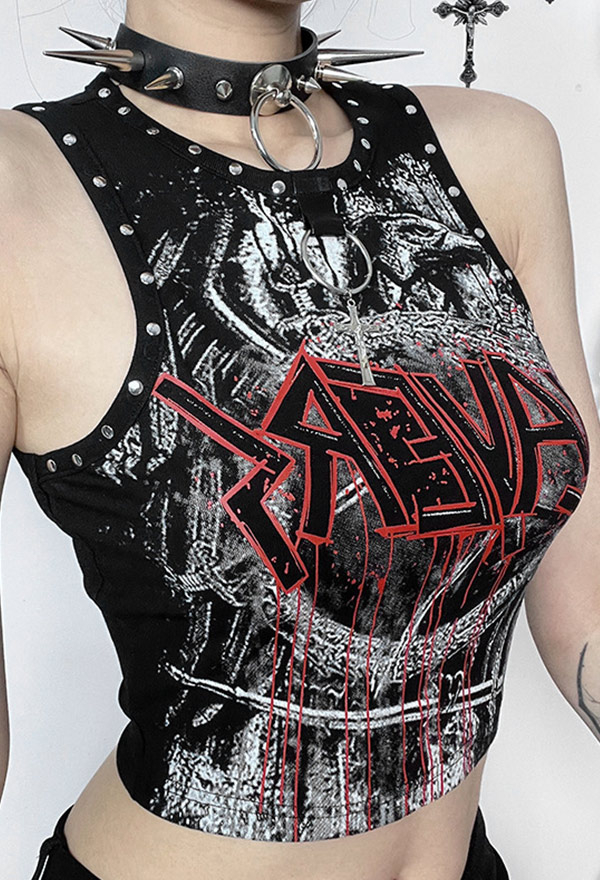 Gothic Black Red Short Top Studded Print Pattern Tank Top