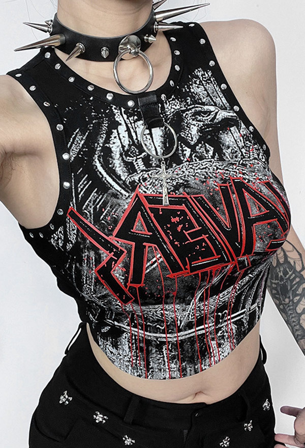 Gothic Black Red Short Top Studded Print Pattern Tank Top