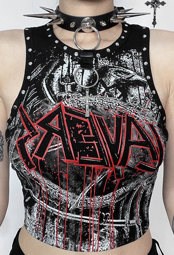 Gothic Black Red Short Top Studded Print Pattern Tank Top