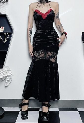 Gothic Sexy Long Slim Dress Halloween Party Halter Lace Hollow Dress
