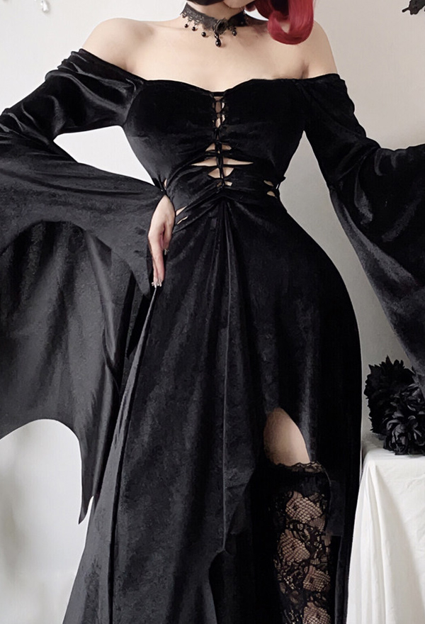 Gothic Witch Style Black Dress Halloween Bat Wing Sleeve Off-Shoulder Long Gown