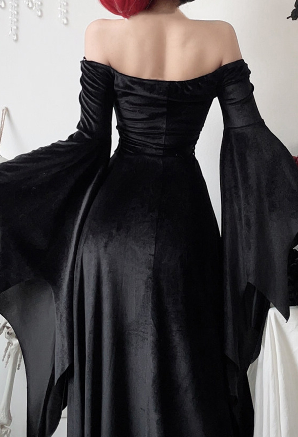 Gothic Witch Style Black Dress Halloween Bat Wing Sleeve Off-Shoulder Long Gown