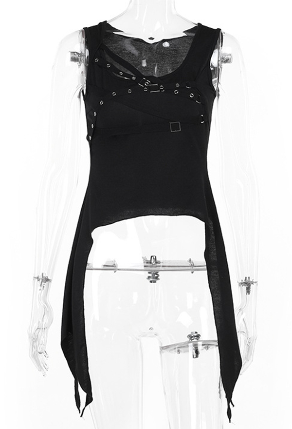 Gothic Style Black Sleeveless Top Irregular Straps Vest