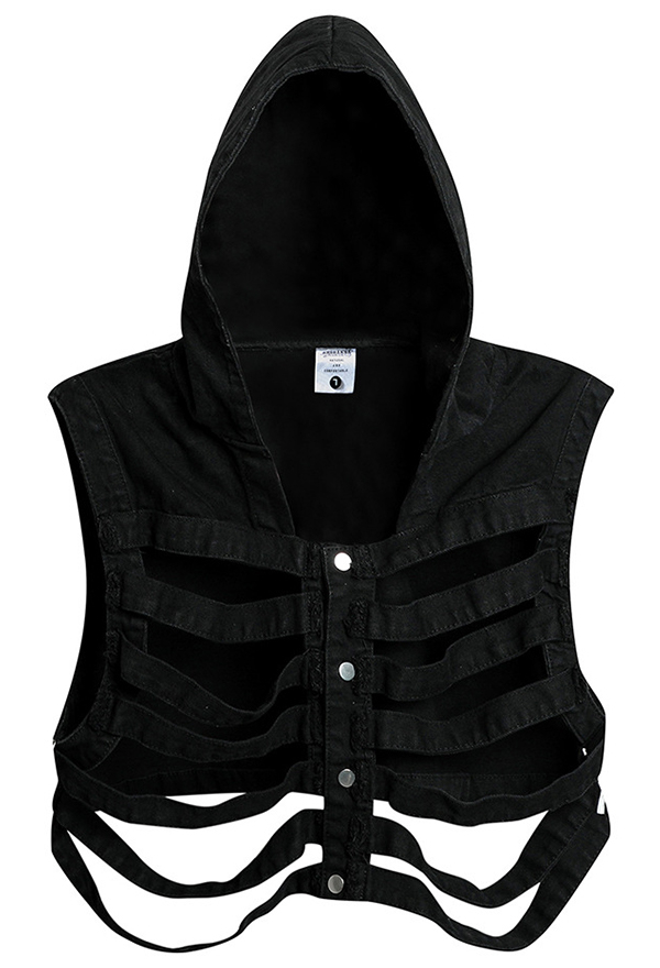 Gothic Style Black Sleeveless Hooded Vest Hollow Bone Style Denim Short Vest