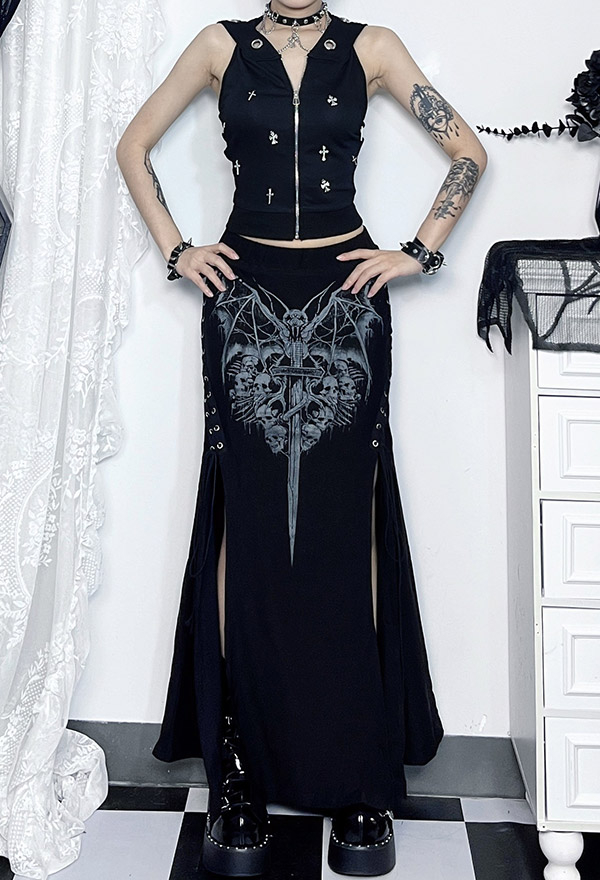 Gothic Black Hip Skirt Side Lace-up Cross Skull Print Sexy High Slit Skirt