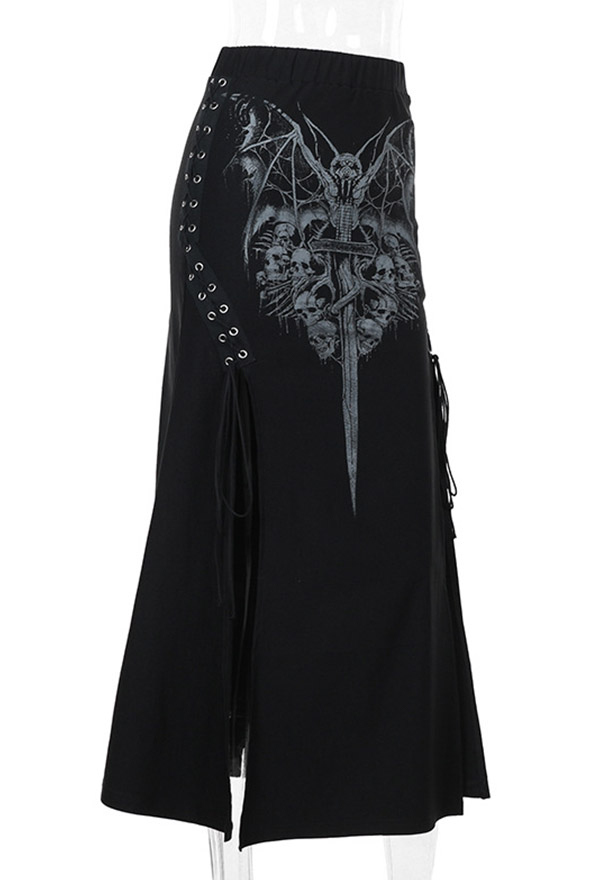 Gothic Black Hip Skirt Side Lace-up Cross Skull Print Sexy High Slit Skirt