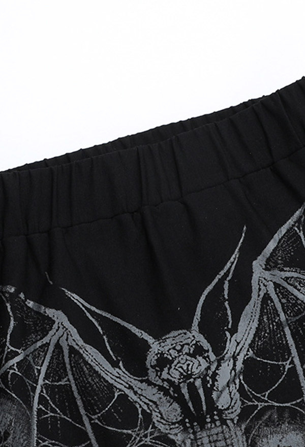 Gothic Black Hip Skirt Side Lace-up Cross Skull Print Sexy High Slit Skirt