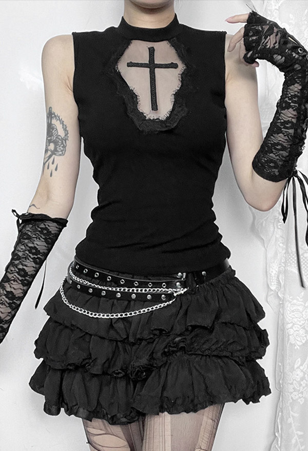 Gothic Style Sleeveless Tank Top Hollow Cross Pattern Vest