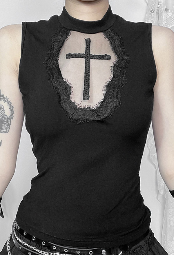 Gothic Style Sleeveless Tank Top Hollow Cross Pattern Vest