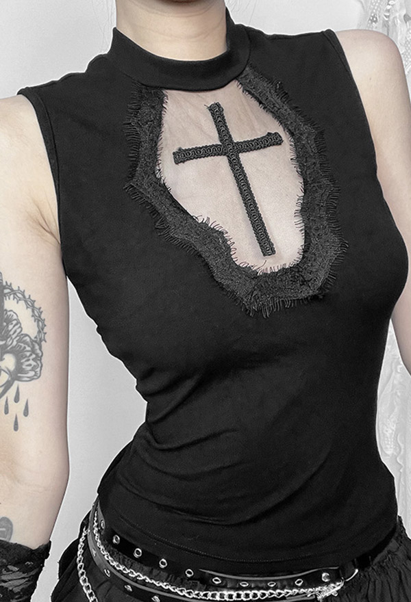 Gothic Style Sleeveless Tank Top Hollow Cross Pattern Vest