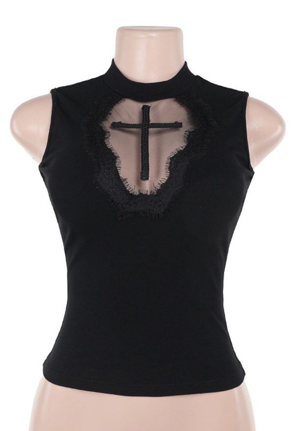 Gothic Style Sleeveless Tank Top Hollow Cross Pattern Vest