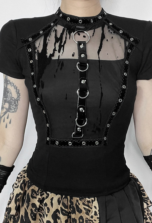 Sexy Gothic Black Short-Sleeved Top Mesh Hollow Rivet Metal Top