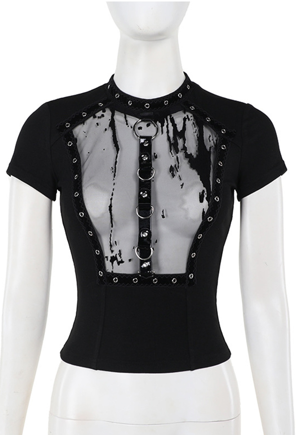 Sexy Gothic Black Short-Sleeved Top Mesh Hollow Rivet Metal Top