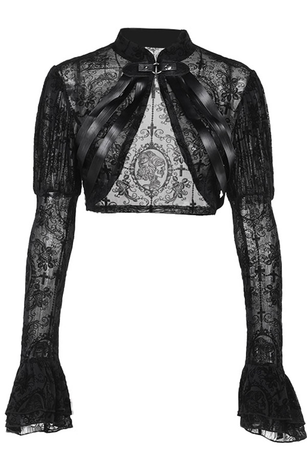 Gothic Black Blouse Lace Skeleton Frame Design Long Sleeve Crop Top