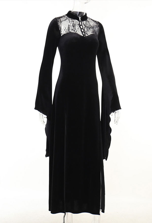 Halloween Gothic Black Dress Witch Split Lace Hollow Out Flare Sleeve Dress