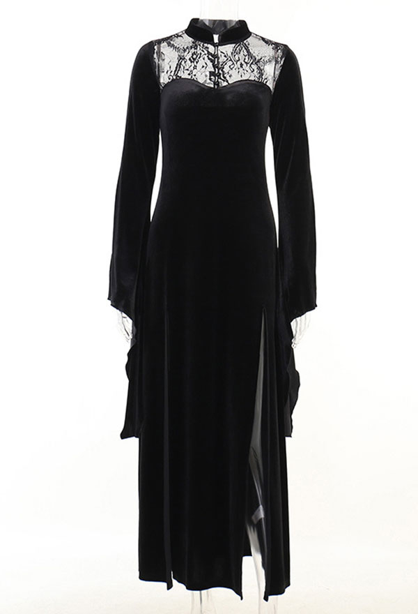 Halloween Gothic Black Dress Witch Split Lace Hollow Out Flare Sleeve Dress