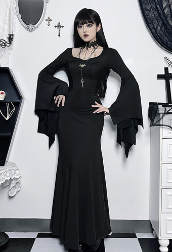 Halloween Black Bodycon Dress Bat Sleeves Fishtail Long Evening Dress