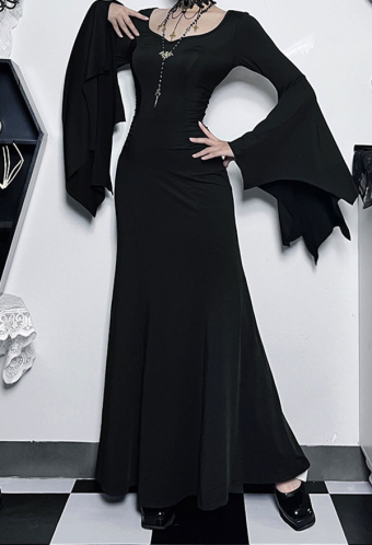 Halloween Black Bodycon Dress Bat Sleeves Fishtail Long Evening Dress