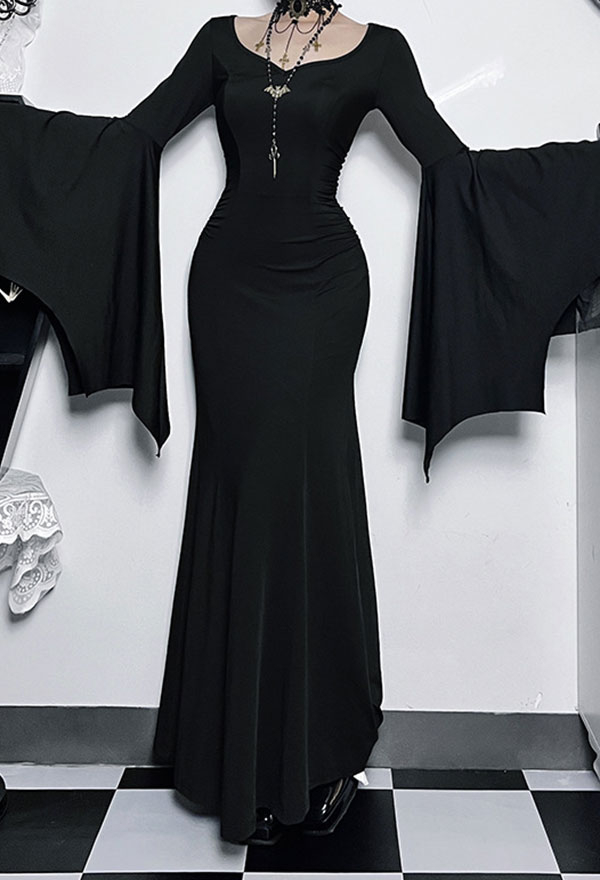 Halloween Black Bodycon Dress Bat Sleeves Fishtail Long Evening Dress