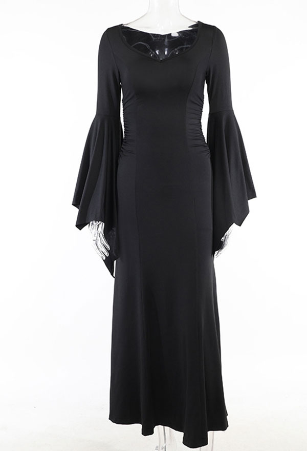 Halloween Black Bodycon Dress Bat Sleeves Fishtail Long Evening Dress