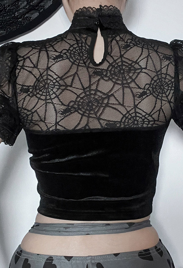 Gothic Black Top Sexy Slim Lace Transparent Spider Web Design Top