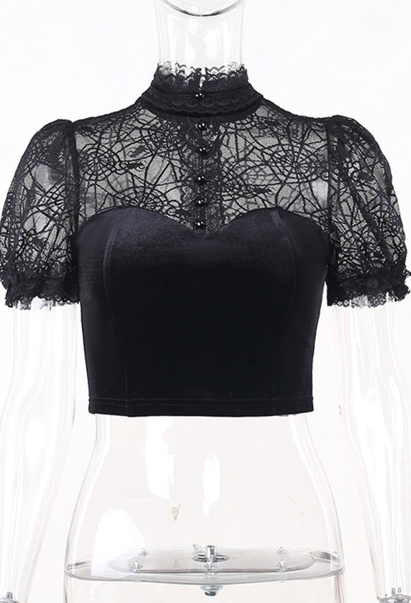 Gothic Black Top Sexy Slim Lace Transparent Spider Web Design Top