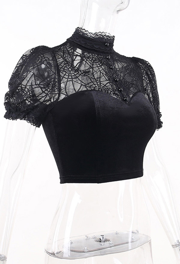 Gothic Black Top Sexy Slim Lace Transparent Spider Web Design Top