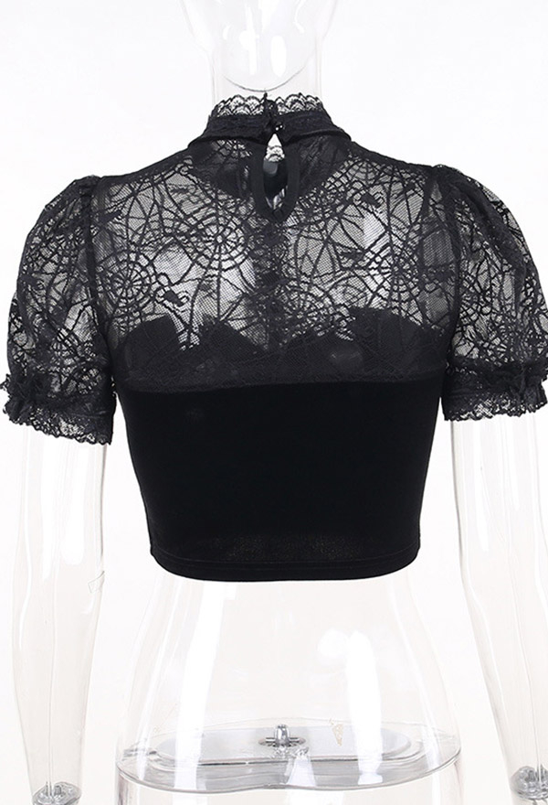 Gothic Black Top Sexy Slim Lace Transparent Spider Web Design Top