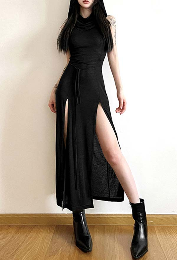 Gothic Hooded Dress Cutout Backless Sleeveless High Slit Long Dress