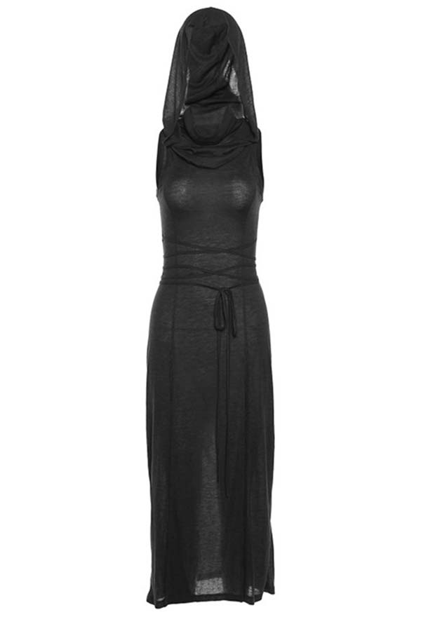 Gothic Hooded Dress Cutout Backless Sleeveless High Slit Long Dress