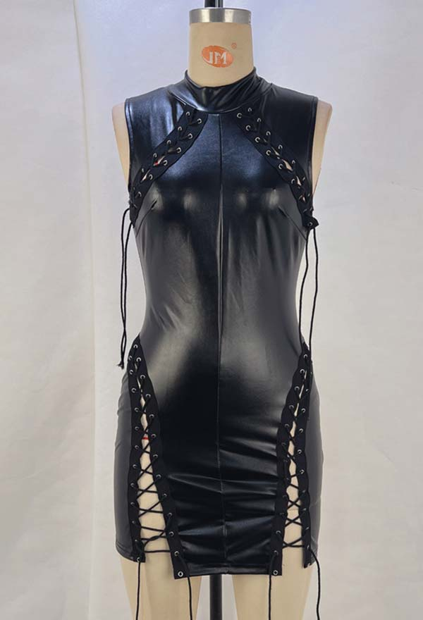 Gothic Black Leather Stand-up Collar Dress Bandage Sleeveless Bodycon Dress