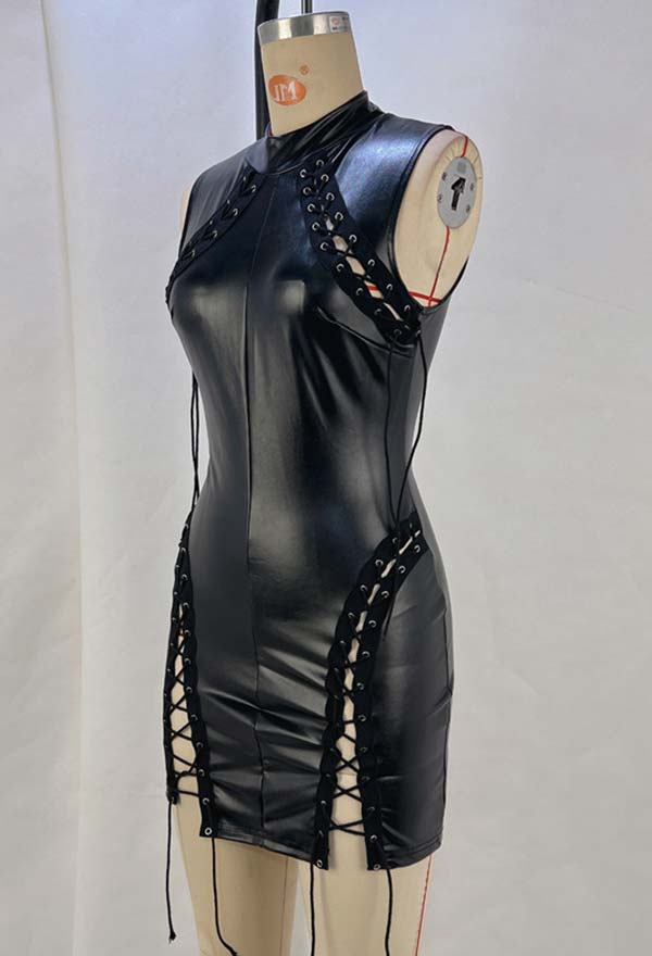 Gothic Black Leather Stand-up Collar Dress Bandage Sleeveless Bodycon Dress