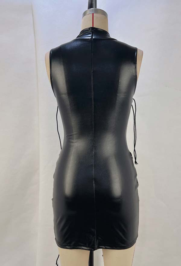 Gothic Black Leather Stand-up Collar Dress Bandage Sleeveless Bodycon Dress