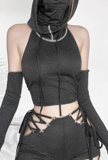 Gothic Hooded Top with Sleeves Backless Lace-Up Slim Solid Color Top