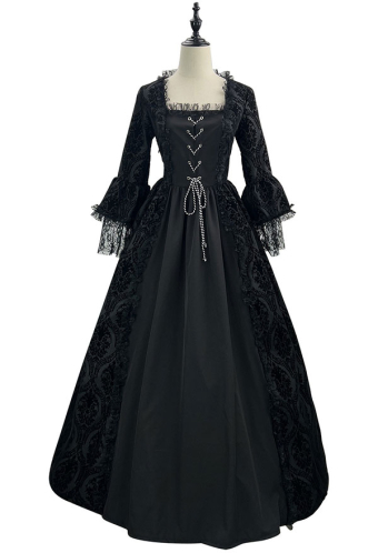 Gothic Black Vintage Dress Medieval Palace Style Lace Patchwork Large Trumpet Sleeves Dress Gown