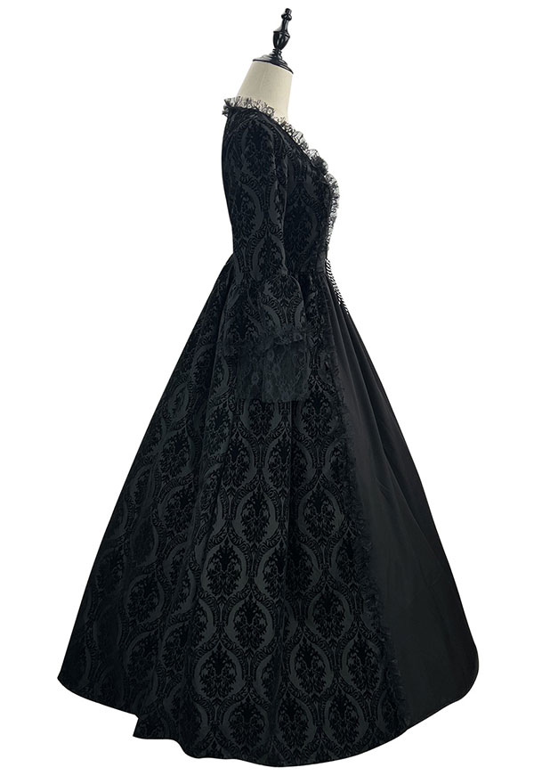 Gothic Black Vintage Dress Medieval Palace Style Lace Patchwork Large Trumpet Sleeves Dress Gown