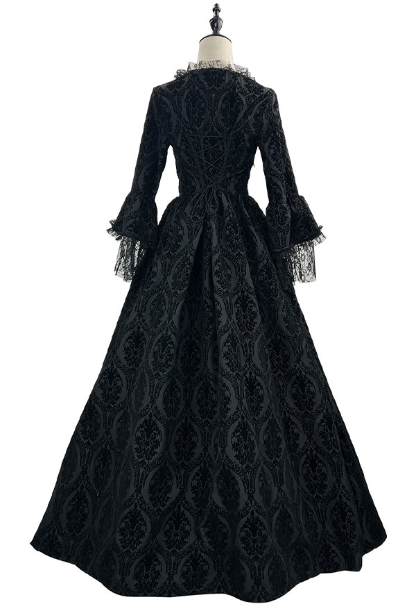 Gothic Black Vintage Dress Medieval Palace Style Lace Patchwork Large Trumpet Sleeves Dress Gown