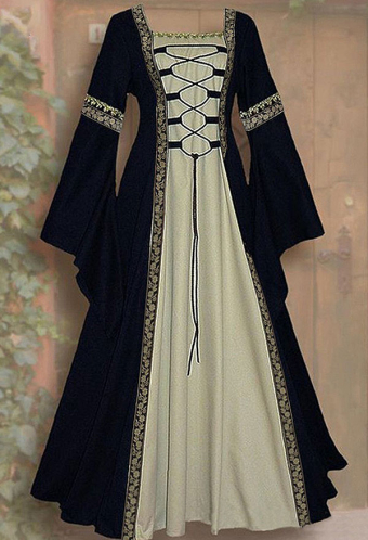 Gothic Retro Medieval Court Robe Square Neck Trumpet Sleeves Long Dress Gown