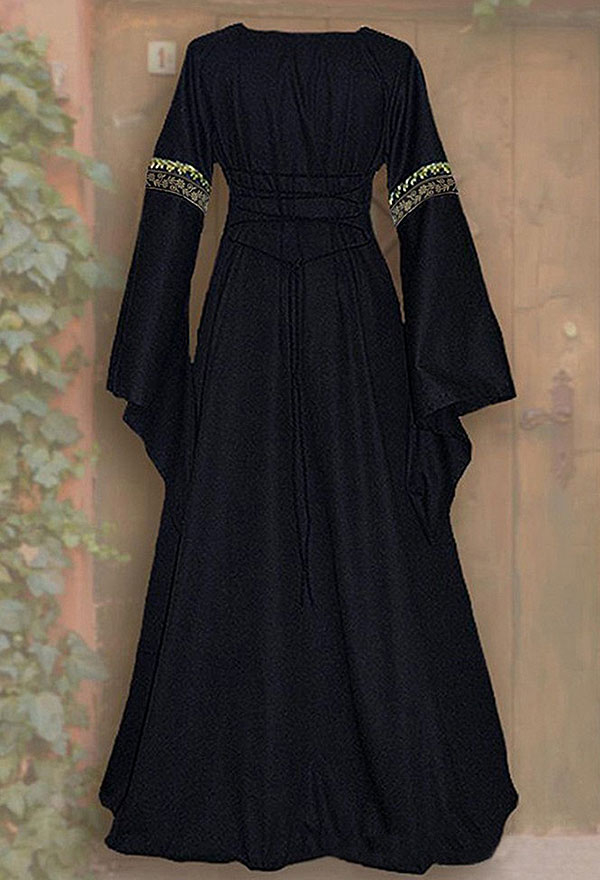 Gothic Retro Medieval Court Robe Square Neck Trumpet Sleeves Long Dress Gown