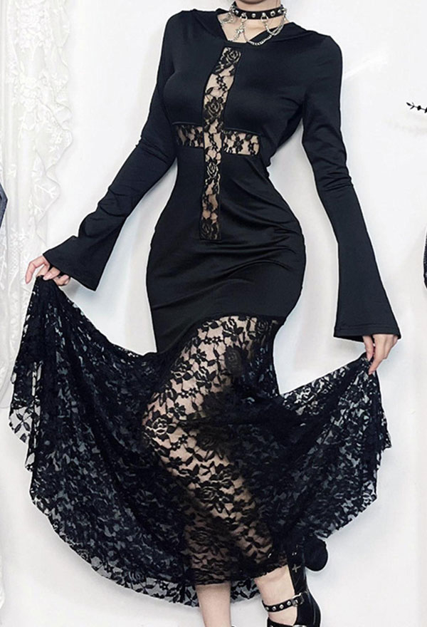 Gothic Black Hooded Dress Lace Cross Hollow Patchwork Long Sleeve Dress